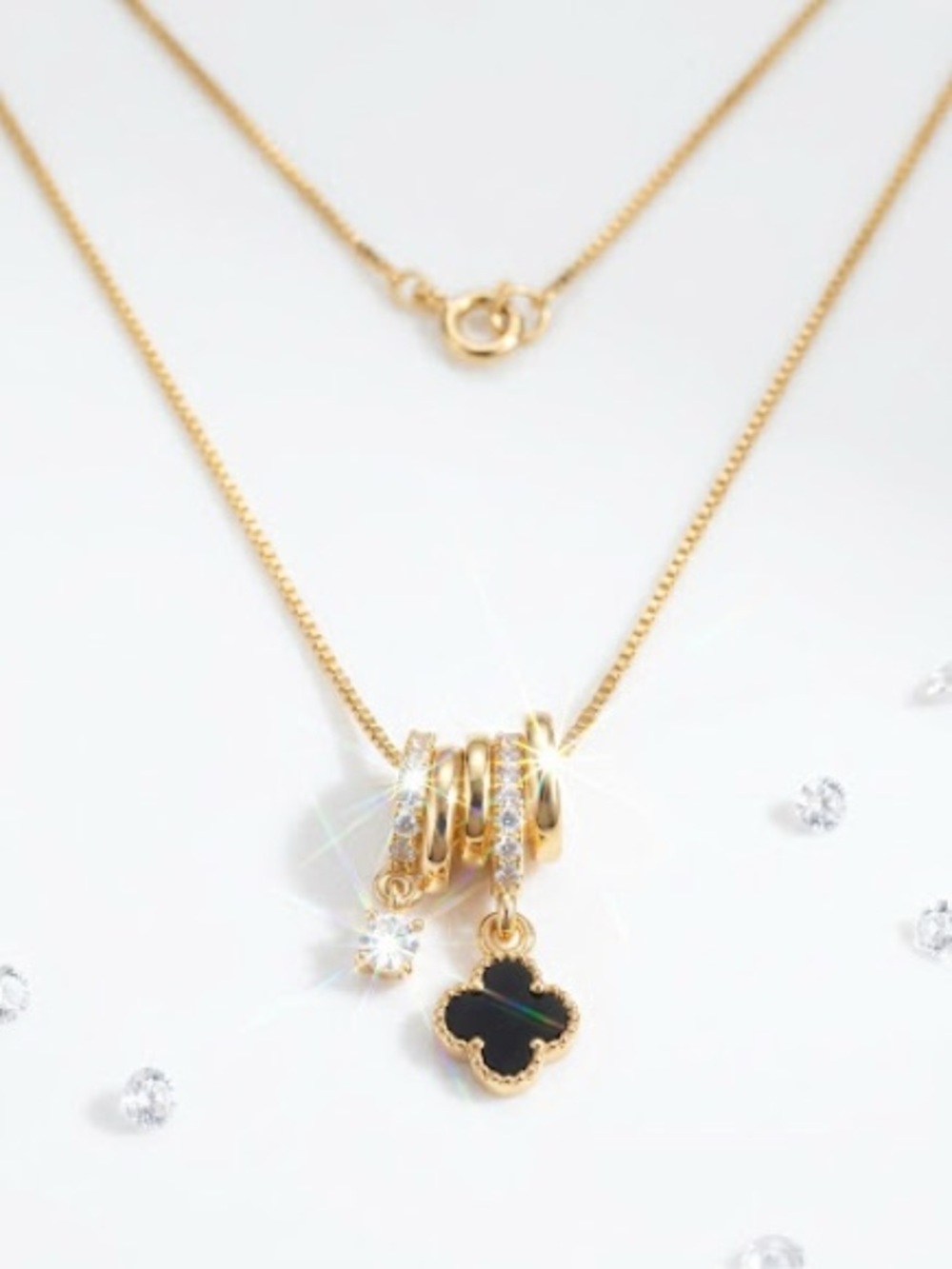 14k Gold - Filled Layered Clover Pendant Necklace with Black Charm